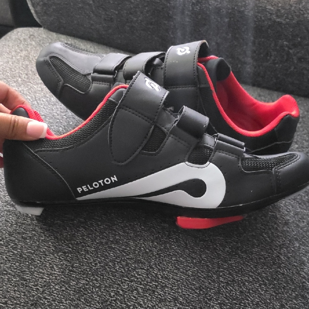 Peloton Black Cycling Shoes with Red and White Accents